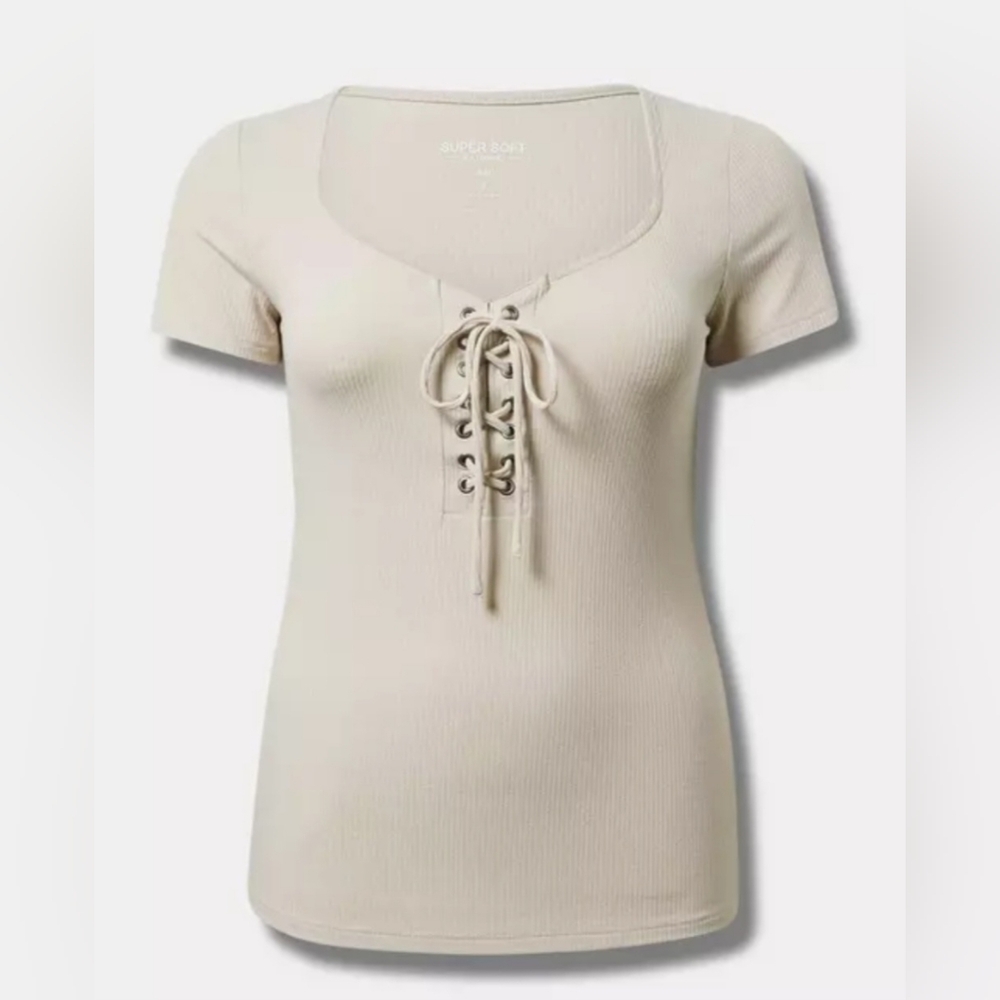 Torrid Supersoft Rib Vneck Lace Up Top Chateau Gray